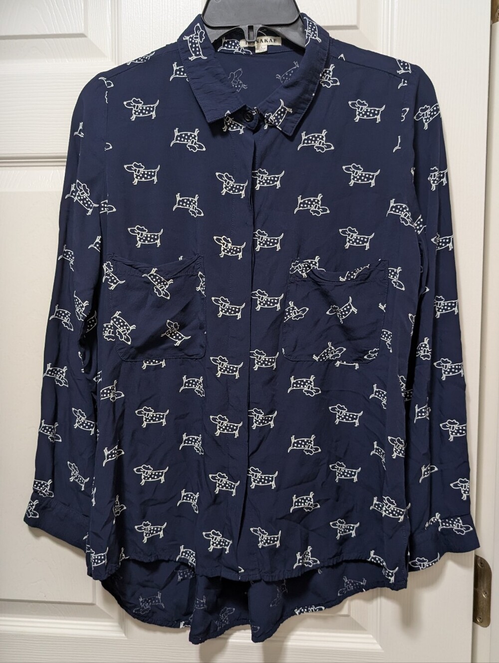 Jessakae Daschund Dog French Hat Print Blouse Long Sleeve Blue White Size Small